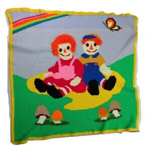 Raggedy Ann And Andy Crocheted Throw Blanket OOAK Vintage Retro Mushroom 50”x49"